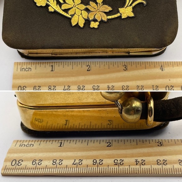 Vintage Minaudiere Cosmetic Purse Embellished Damascene Compact Vanity Bag - Picture 14 of 15